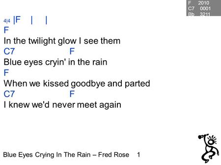 Blue Eyes Crying In The Rain – Fred Rose 1 4|4 |F | | F In the twilight glow I see them C7 F Blue eyes cryin' in the rain F When we kissed goodbye and.