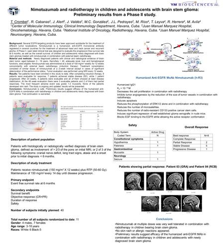 Nimotuzumab and radiotherapy in children and adolescents with brain stem glioma: Preliminary results from a Phase II study. T. Crombet 1, R. Cabanas 2,