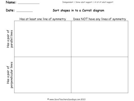 Name: Date: Sort shapes in to a Carroll diagram Independent / Some adult support / A lot of adult support Has at least one line of symmetryDoes NOT have.