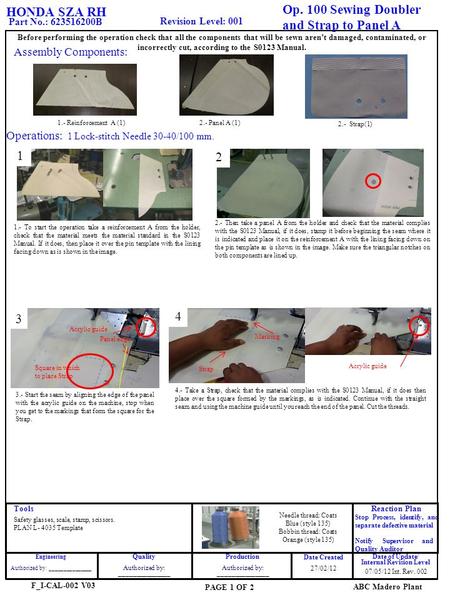 Before performing the operation check that all the components that will be sewn arent damaged, contaminated, or incorrectly cut, according to the S0123.