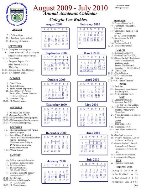 August July 2010 Annual Academic Calendar Colegio Los Robles.