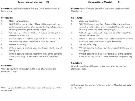 Conservation of Mass Lab (R) Conservation of Mass Lab (R)