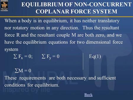 EQUILIBRIUM OF NON-CONCURRENT COPLANAR FORCE SYSTEM