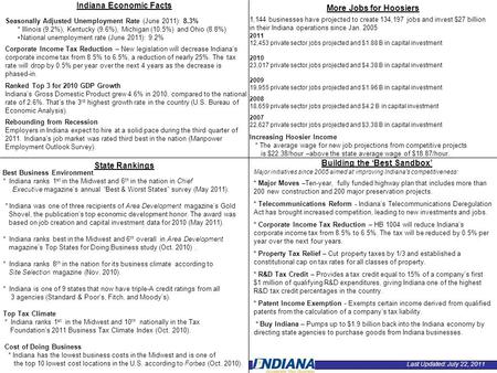 Indiana Economic Facts Seasonally Adjusted Unemployment Rate (June 2011): 8.3% * Illinois (9.2%), Kentucky (9.6%), Michigan (10.5%) and Ohio (8.8%) National.