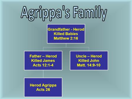 Grandfather - Herod Killed Babies Matthew 2:16 Father – Herod Killed James Acts 12:1-4 Herod Agrippa Acts 26 Uncle – Herod Killed John Matt. 14:9-10.