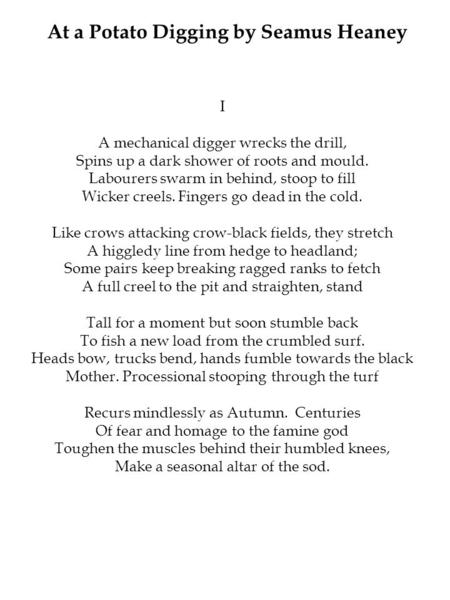 I A mechanical digger wrecks the drill, Spins up a dark shower of roots and mould. Labourers swarm in behind, stoop to fill Wicker creels. Fingers go dead.