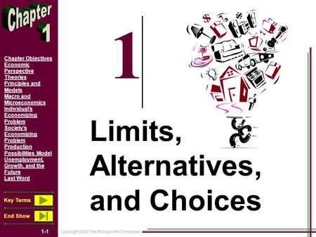 Copyright 2008 The McGraw-Hill Companies 1-1 Chapter Objectives Economic Perspective Theories Principles and Models Macro and Microeconomics Individuals.