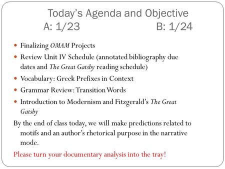 Todays Agenda and Objective A: 1/23 B: 1/24 Finalizing OMAM Projects Review Unit IV Schedule (annotated bibliography due dates and The Great Gatsby reading.