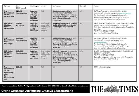 News International Online Ad Operations traffic team: 0207 782 7777 or   Online Classified Advertising Creative Specifications.