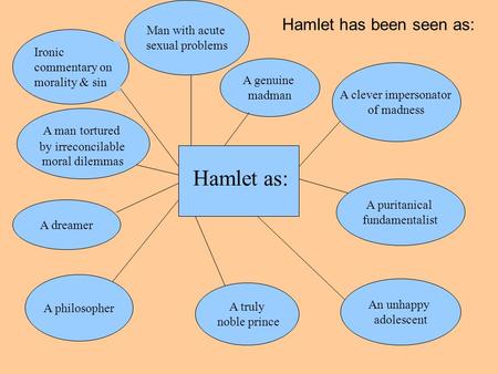 A man tortured by irreconcilable moral dilemmas A philosopher A truly noble prince An unhappy adolescent A puritanical fundamentalist A clever impersonator.