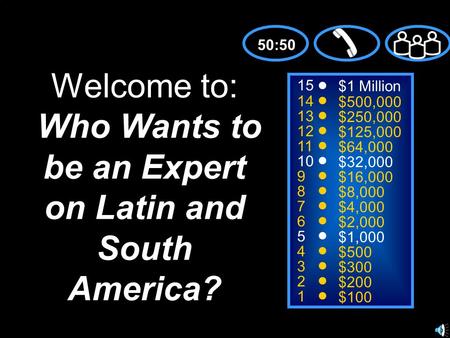 15 14 13 12 11 10 9 8 7 6 5 4 3 2 1 $1 Million $500,000 $250,000 $125,000 $64,000 $32,000 $16,000 $8,000 $4,000 $2,000 $1,000 $500 $300 $200 $100 Welcome.