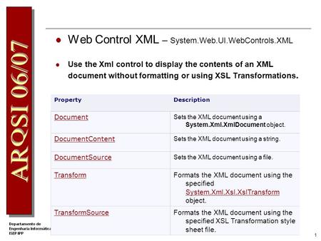 Programação com XML e XSLT. 1 Web Control XML – System.Web.UI.WebControls.XML Use the Xml control to display the contents of an XML document without formatting.