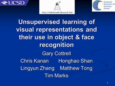 3/22/2017 Unsupervised learning of visual representations and their use in object & face recognition Gary Cottrell Chris Kanan Honghao Shan Lingyun.