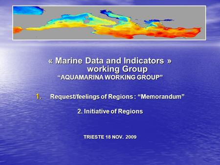 « Marine Data and Indicators » working Group AQUAMARINA WORKING GROUP 1. Request/feelings of Regions : Memorandum 2. Initiative of Regions TRIESTE 18 NOV.