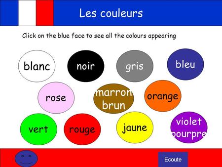 Les couleurs blanc marron brun bleu noir gris orange rose jaune violet