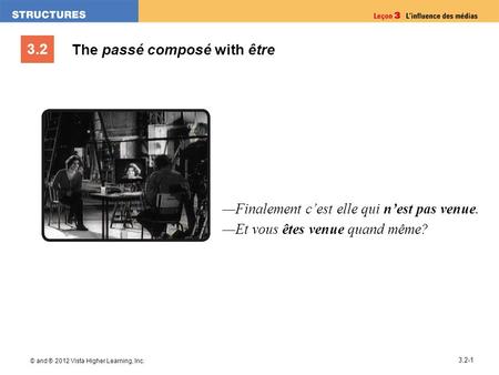 3.2 © and ® 2012 Vista Higher Learning, Inc. 3.2-1 The passé composé with être Finalement cest elle qui nest pas venue. Et vous êtes venue quand même?