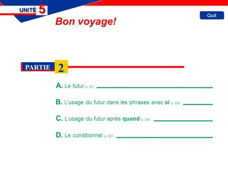 Quit Bon voyage! A. Le futur p. 201 UNITÉ 5 5 B. Lusage du futur dans les phrases avec si p. 204 PARTIE 2 C. Lusage du futur après quand p. 204 D. Le conditionnel.