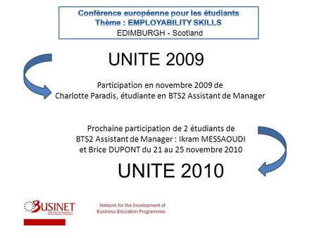 UNITE 2009 Participation en novembre 2009 de Charlotte Paradis, étudiante en BTS2 Assistant de Manager Prochaine participation de 2 étudiants de BTS2 Assistant.