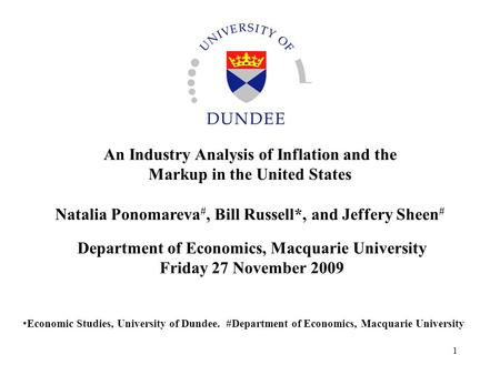 Department of Economics, Macquarie University Friday 27 November 2009