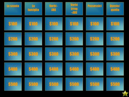 La scuolaLa famiglia Verbi - ARE Verbi irreg –ARE PossessiviQuesto/ quello $100 $200 $300 $400 $500 $100 $200 $300 $400 $500 $100 $200 $300 $400 $500 $100.