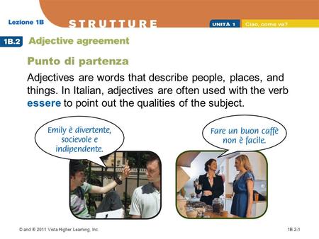 Punto di partenza Adjectives are words that describe people, places, and things. In Italian, adjectives are often used with the verb essere to point out.