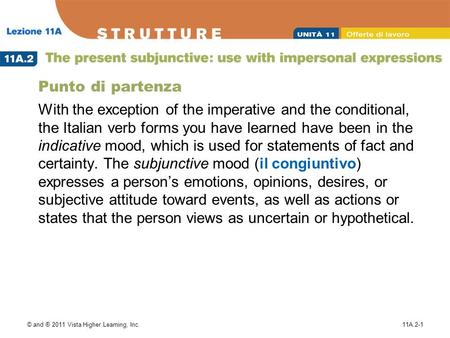 © and ® 2011 Vista Higher Learning, Inc.11A.2-1 Punto di partenza With the exception of the imperative and the conditional, the Italian verb forms you.