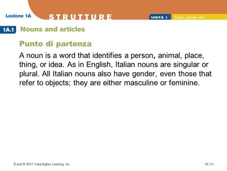 © and ® 2011 Vista Higher Learning, Inc.1A.1-1 Punto di partenza A noun is a word that identifies a person, animal, place, thing, or idea. As in English,