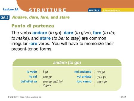 © and ® 2011 Vista Higher Learning, Inc.2A.2-1 Punto di partenza The verbs andare (to go), dare (to give), fare (to do; to make), and stare (to be; to.