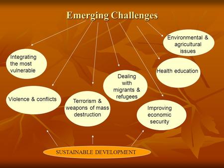 Emerging Challenges Integrating the most vulnerable Violence & conflicts Terrorism & weapons of mass destruction Dealing with migrants & refugees Improving.