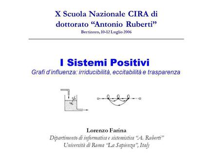 I Sistemi Positivi Grafi dinfluenza: irriducibilità, eccitabilità e trasparenza Lorenzo Farina Dipartimento di informatica e sistemistica A. Ruberti Università