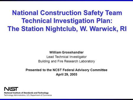 National Construction Safety Team Technical Investigation Plan: