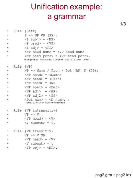 Unification example: a grammar Rule {Satz} S -> NP VP (PP): = =. ;Kongruenz zwischen Subjekt und finitem Verb Rule{NP} NP -> Name / Pron / Det (AP) N (PP):