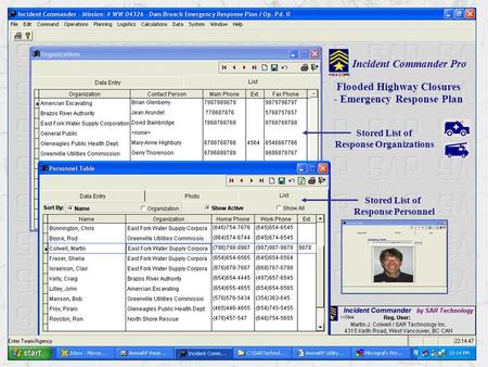 Flooded Highway Closures Stored List of Response Organizations Incident Commander Pro - Emergency Response Plan Stored List of Response Personnel.