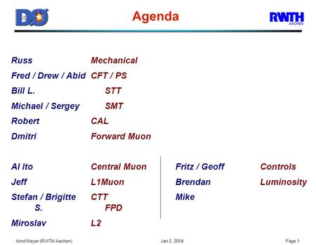 Arnd Meyer (RWTH Aachen) Jan 2, 2004Page 1 Agenda RussMechanical Fred / Drew / AbidCFT / PS Bill L.STT Michael / SergeySMT RobertCAL DmitriForward Muon.