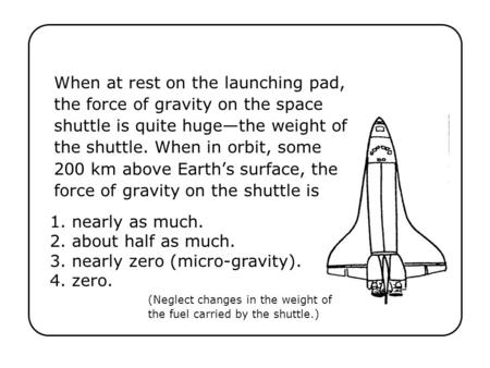 When at rest on the launching pad, the force of gravity on the space shuttle is quite huge—the weight of the shuttle. When in orbit, some 200 km above.