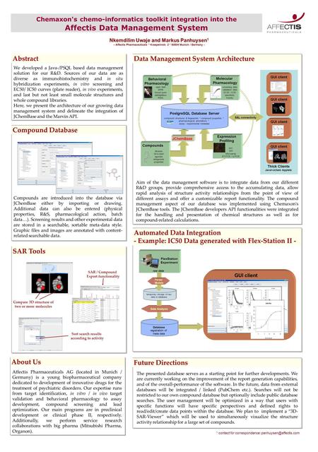 Chemaxon's chemo-informatics toolkit integration into the Affectis Data Management System Database Automated Data Integration - Example: IC50 Data generated.