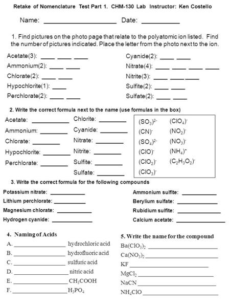 1. Find pictures on the photo page that relate to the polyatomic ion listed. Find the number of pictures indicated. Place the letter from the photo next.