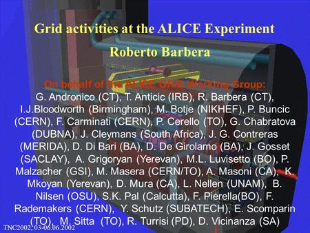 1 CHEP 2000, 10.02.2000Roberto Barbera Grid activities at the ALICE Experiment TNC2002, 03-06.06.2002 On behalf of the ALICE GRID Working Group: G. Andronico.