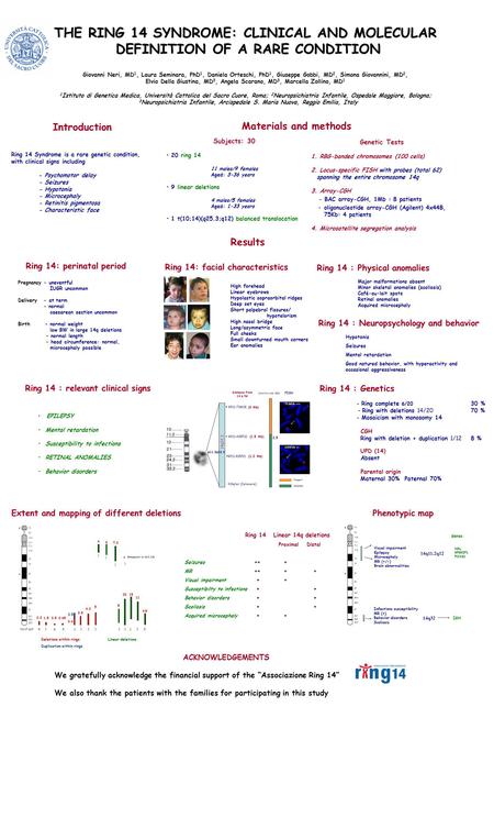 THE RING 14 SYNDROME: CLINICAL AND MOLECULAR DEFINITION OF A RARE CONDITION Giovanni Neri, MD1, Laura Seminara, PhD1, Daniela Orteschi, PhD1, Giuseppe.