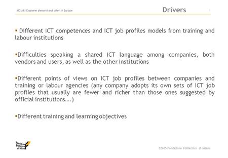 ©2005 Fondazione Politecnico di Milano SIG A8: Engineer demand and offer in Europe 0 Competences Assessment based on Semantic Networks: the eCCO tool Clementina.