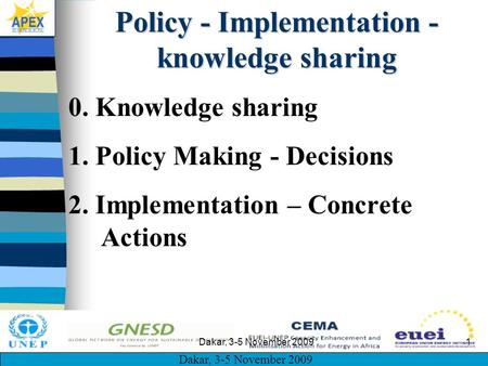 Dakar, 3-5 November 2009 1 Policy - Implementation - knowledge sharing 0. Knowledge sharing 1. Policy Making - Decisions 2. Implementation – Concrete Actions.