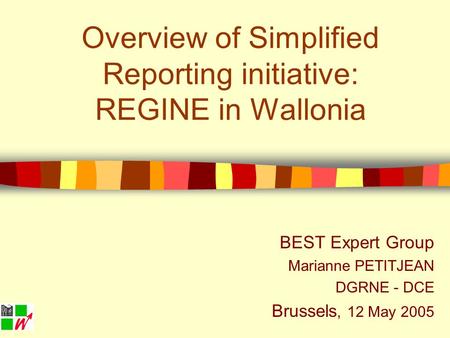 Overview of Simplified Reporting initiative: REGINE in Wallonia BEST Expert Group Marianne PETITJEAN DGRNE - DCE Brussels, 12 May 2005.