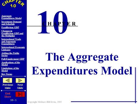 10 - 1 Copyright McGraw-Hill/Irwin, 2005 Aggregate Expenditures Model Investment Demand and Schedule Equilibrium GDP Changes in Equilibrium GDP and the.