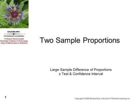 1 Copyright © 2005 Brooks/Cole, a division of Thomson Learning, Inc. Two Sample Proportions Large Sample Difference of Proportions z Test & Confidence.