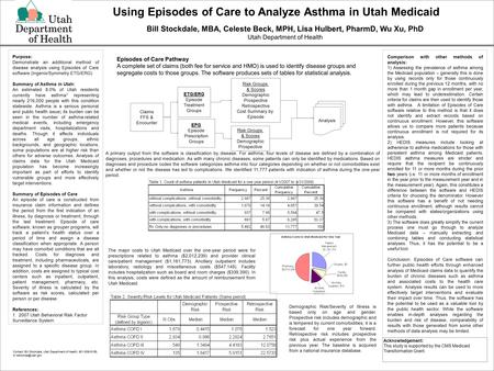 Bill Stockdale, MBA, Celeste Beck, MPH, Lisa Hulbert, PharmD, Wu Xu, PhD Utah Department of Health Comparison with other methods of analysis: 1) Assessing.