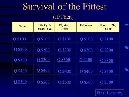 Survival of the Fittest (If/Then) Plants Life Cycle Stage: Egg Physical Traits BehaviorsHumans Play a Part Q $100 Q $200 Q $300 Q $400 Q $500 Q $100 Q.