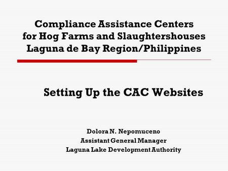 Compliance Assistance Centers for Hog Farms and Slaughtershouses Laguna de Bay Region/Philippines Setting Up the CAC Websites Dolora N. Nepomuceno Assistant.