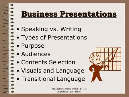 Prof. Ismael Arinas Pellón - E.T.S. Ingenieros Industriales 1 Business Presentations Speaking vs. Writing Types of Presentations Purpose Audiences Contents.