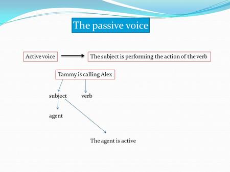 The passive voice Active voiceThe subject is performing the action of the verb Tammy is calling Alex subjectverb agent The agent is active.