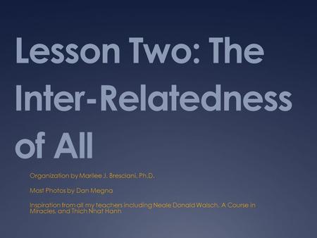 Lesson Two: The Inter-Relatedness of All Organization by Marilee J. Bresciani, Ph.D. Most Photos by Dan Megna Inspiration from all my teachers including.